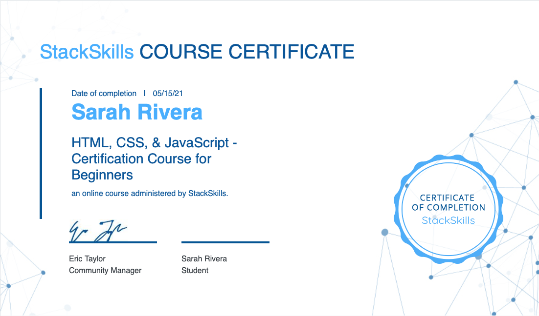 certification of completion for HTML, CSS, and JavaScript - Certification Class for Beginners