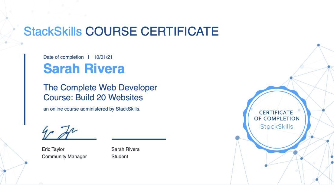 certification of completion for The Complete Web Developer Course: Build 20 Websites