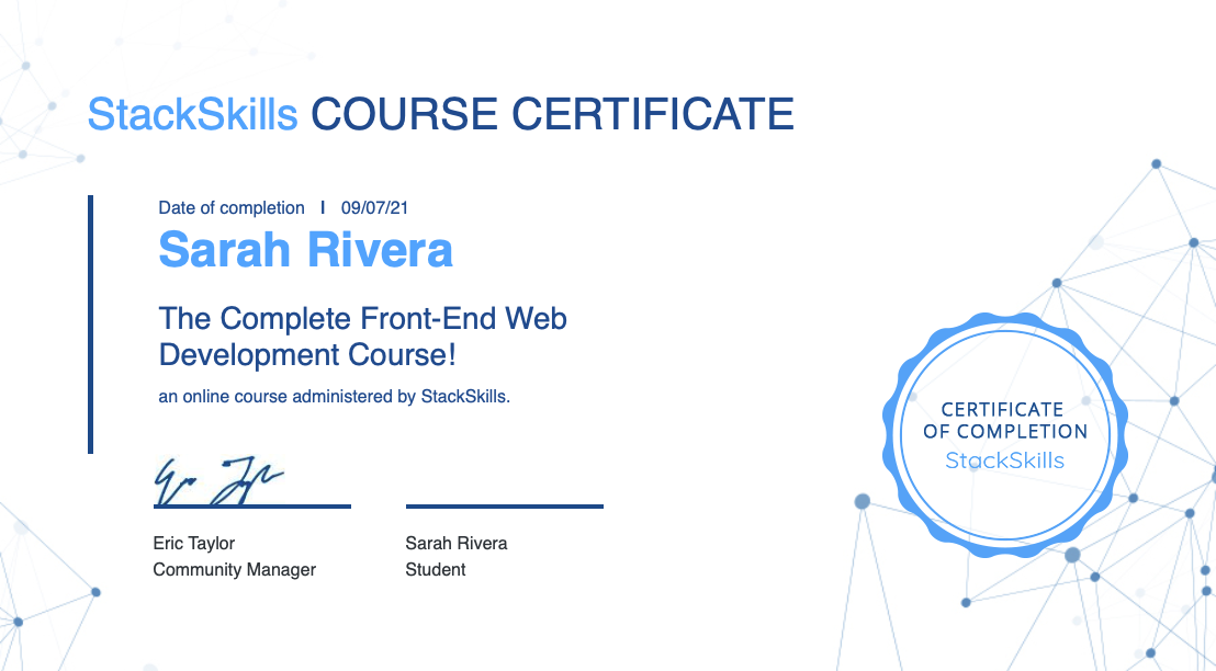 certification of completion for The Complete Front-End Web Development Course!