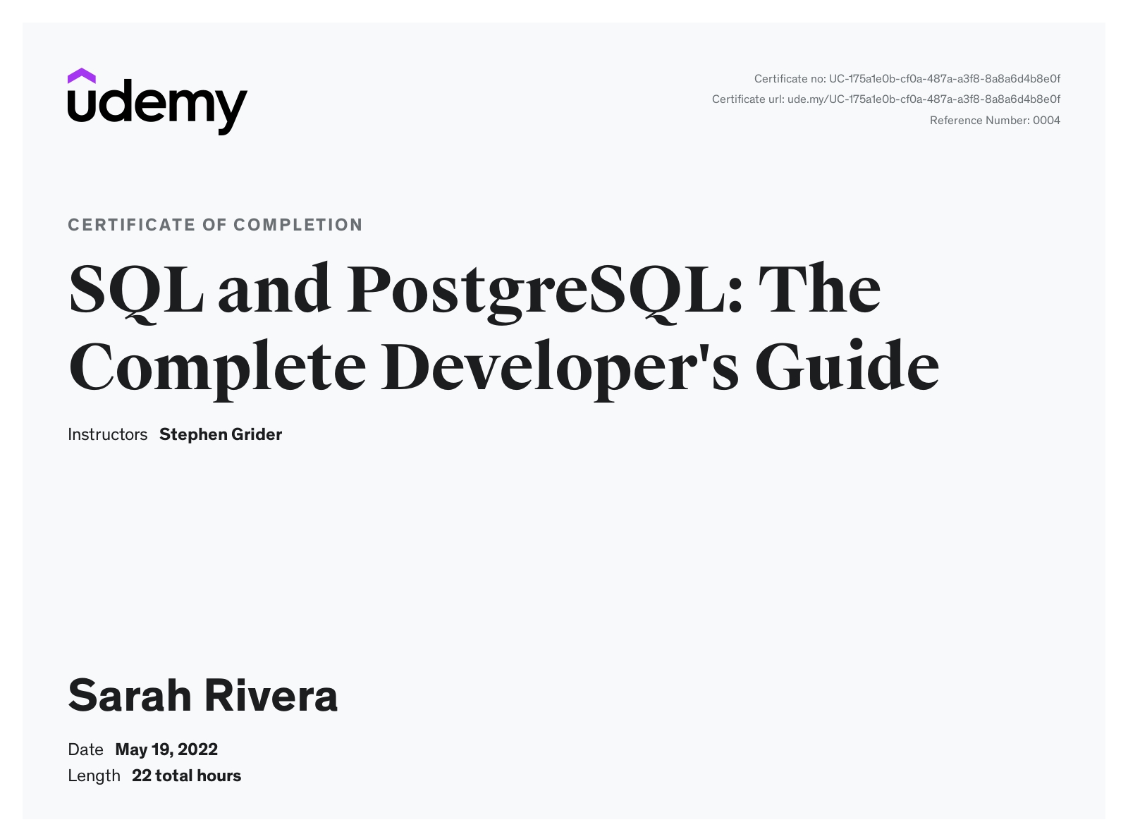 certification of completion for SQL and PostgreSQL: The Complete Developer's Guide
