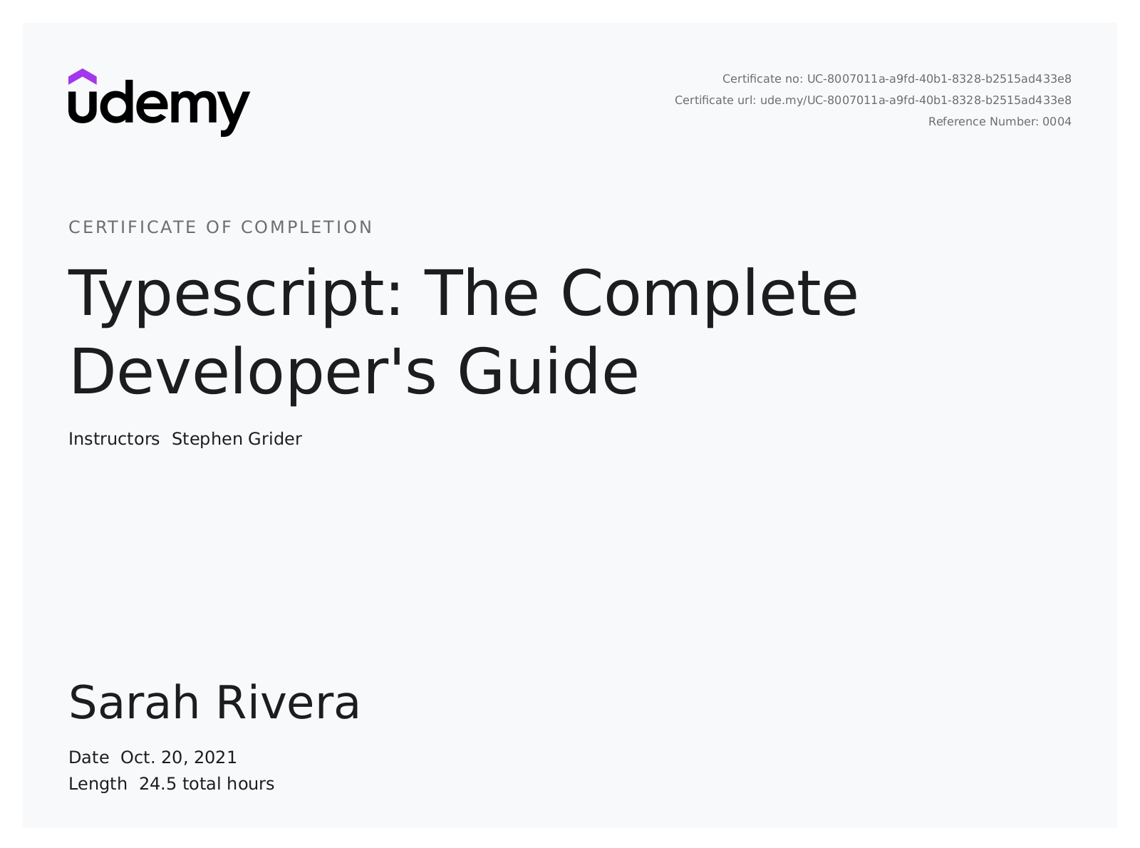 certification of completion for TypeScript: The Complete Developer's Guide